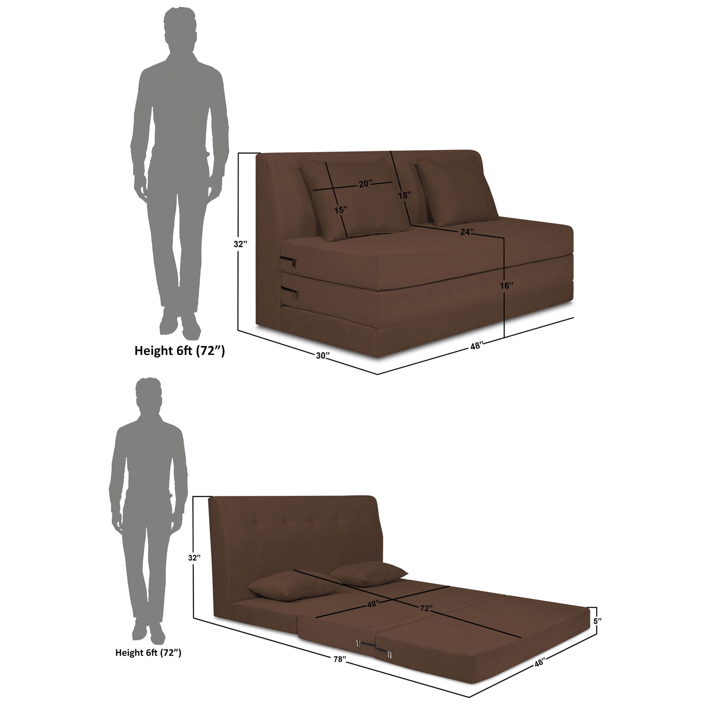 Adorn India Easy Highback Two Seater Sofa Cum Bed Decent 4' x 6' (Brown) (1 Year Warranty)