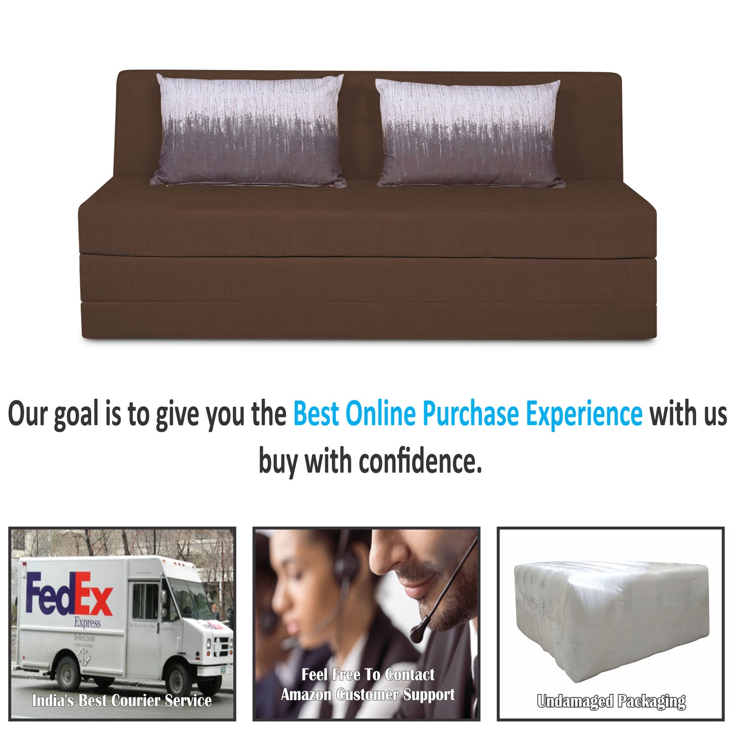 Adorn India Easy Highback Three Seater Sofa Cum Bed Wave 6' x 6' (Brown) (1 Year Warranty)