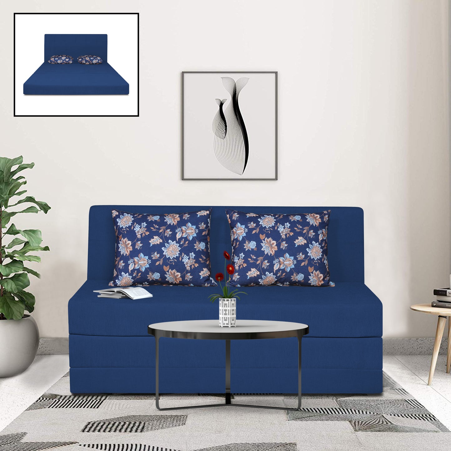 Adorn India Easy Highback Two Seater Sofa Cum Bed Floral 4' x 6' (Blue) (1 Year Warranty)