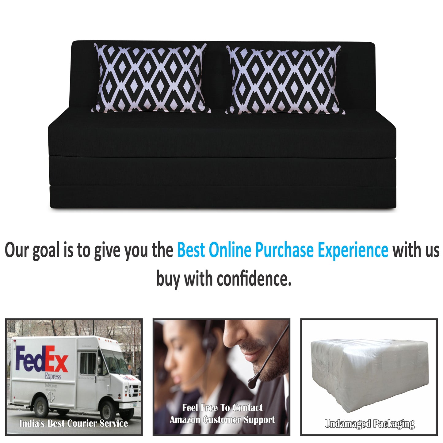 Adorn India Easy Highback Three Seater Sofa Cum Bed Rhombus 6' x 6' (Black) (1 Year Warranty)