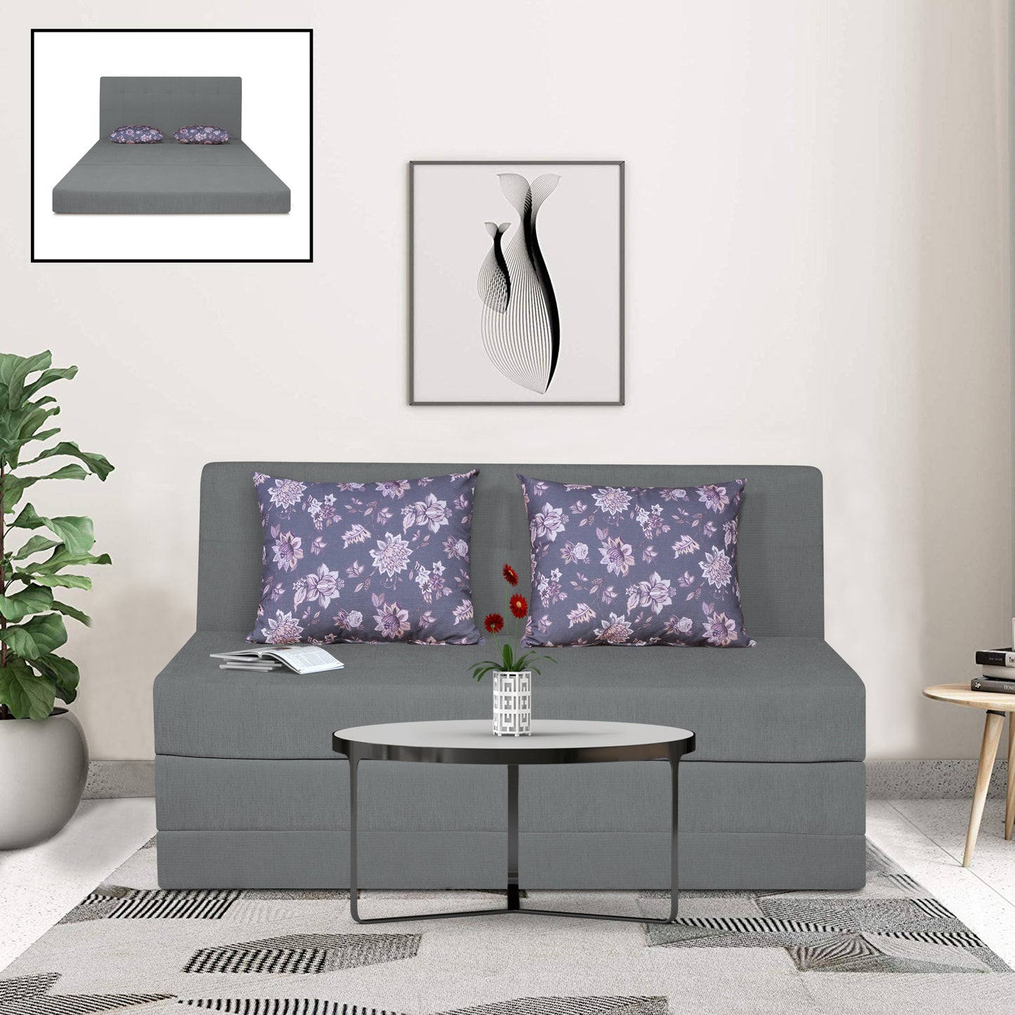 Adorn India Easy Highback Two Seater Sofa Cum Bed Floral 4' x 6' (Grey) (1 Year Warranty)