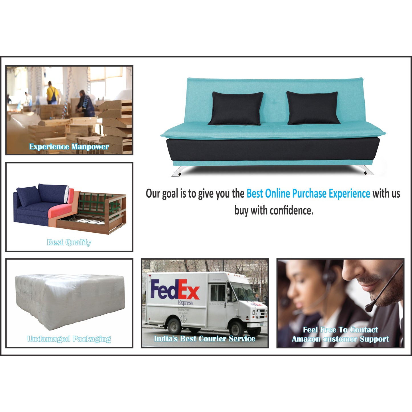 Adorn India Exclusive Two Tone Arden 4 Seater Wood Sofa Cum Bed 4 x 6 (Aqua Blue & Black) (3 Year Warranty)