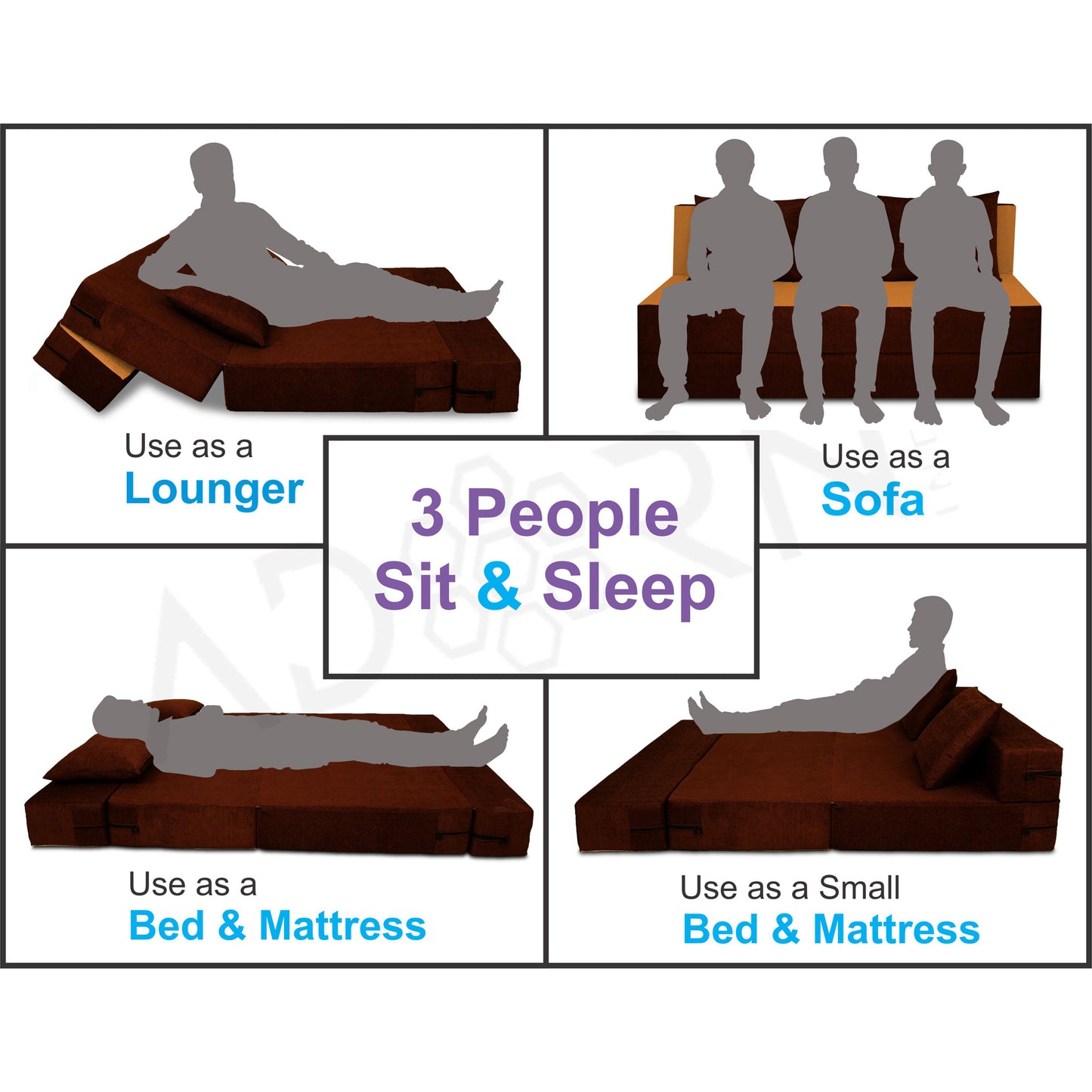 Adorn India Easy 3 Seater Sofa Cum Bed (2 Years Warrenty Quality Foam)-Perfect for Seat & Sleep Washeble Polyster Fabric Cover (Camel & Brown) 5'x6'.Pillows Free (1 Year Warranty)