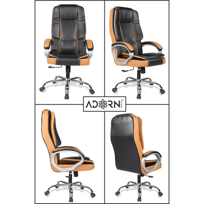 Adorn India Elegante, High-Back Leatherette and Rubberwood Adjustable Executive Office Ergonomic Chair (Black & Tan)