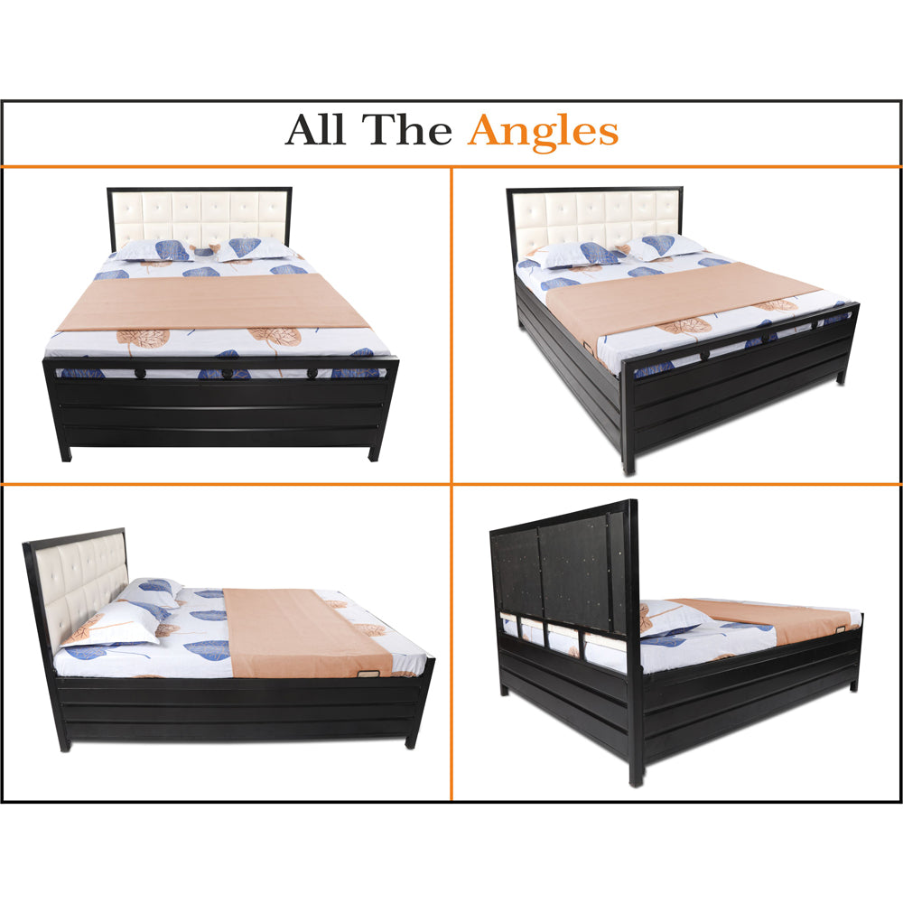 Adorn India Calypso Wrought Iron Bed with Back Cushion Queen Size Box Spring Storage (Without Mattress; Matte; Black)