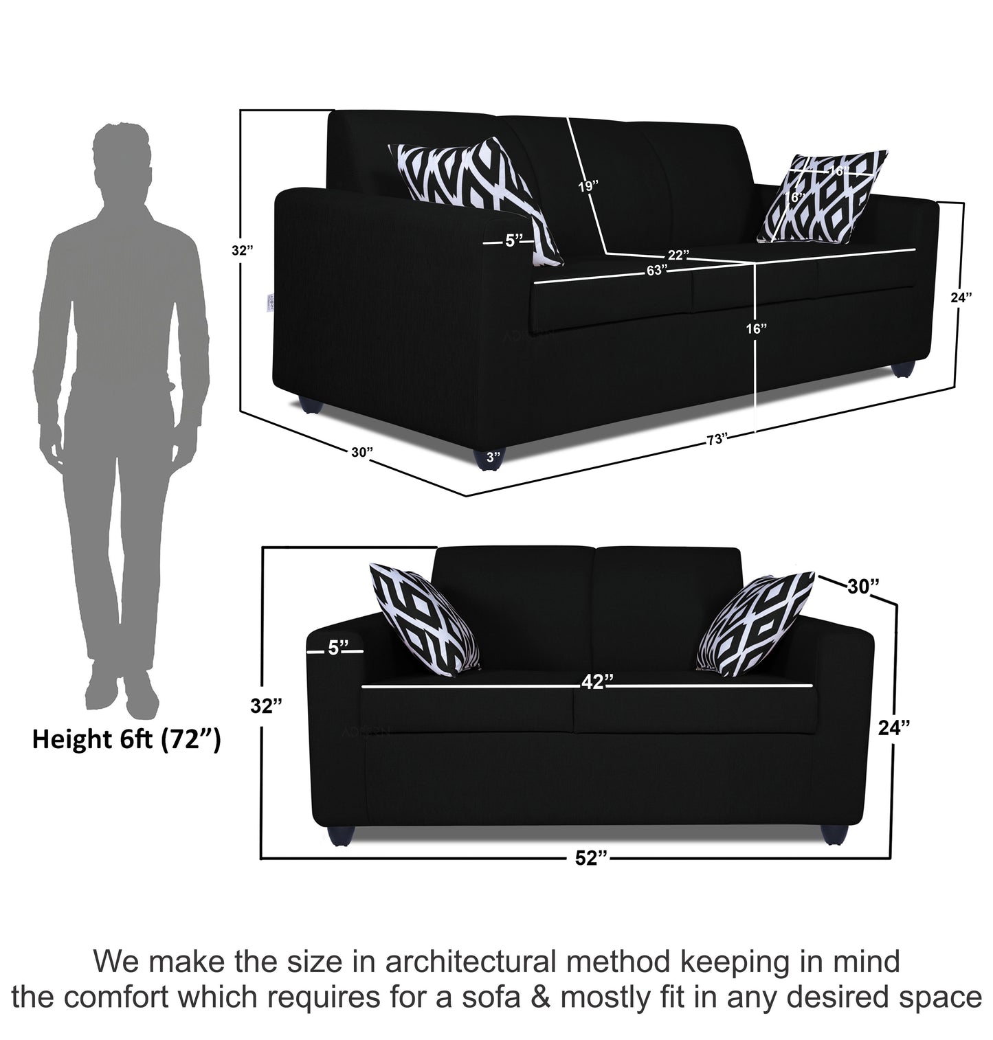 Adorn India Monteno Five Seater 3+2 Sofa Set (Black) (3 Year Warranty)