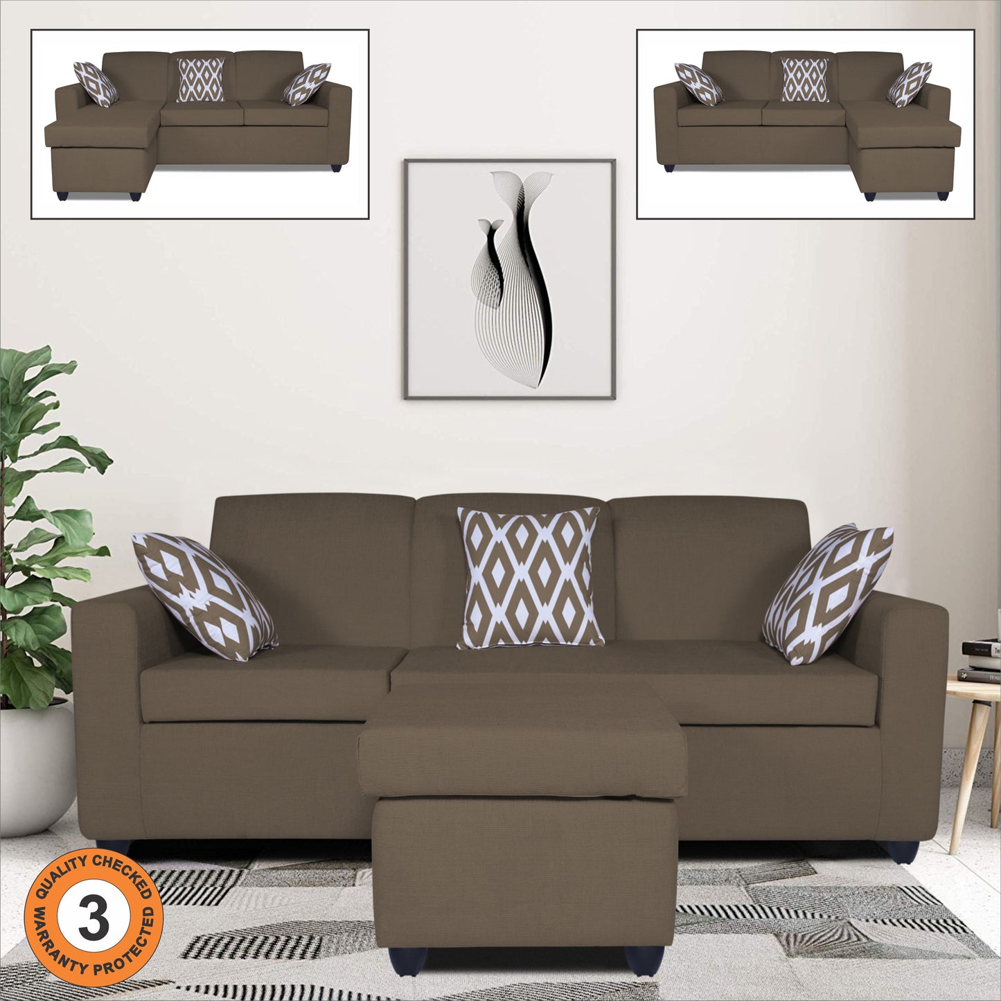 Adorn India Monteno L Shape 4 Seater Sofa Set (Brown) (3 Year Warranty)