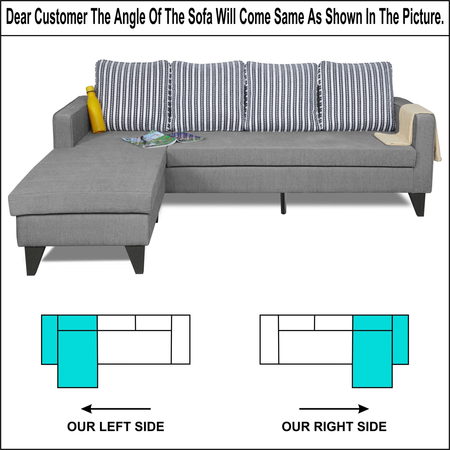 Adorn India Chandler Stripes L Shape 5 Seater Sofa Set LHS (Grey) (3 Year Warranty)