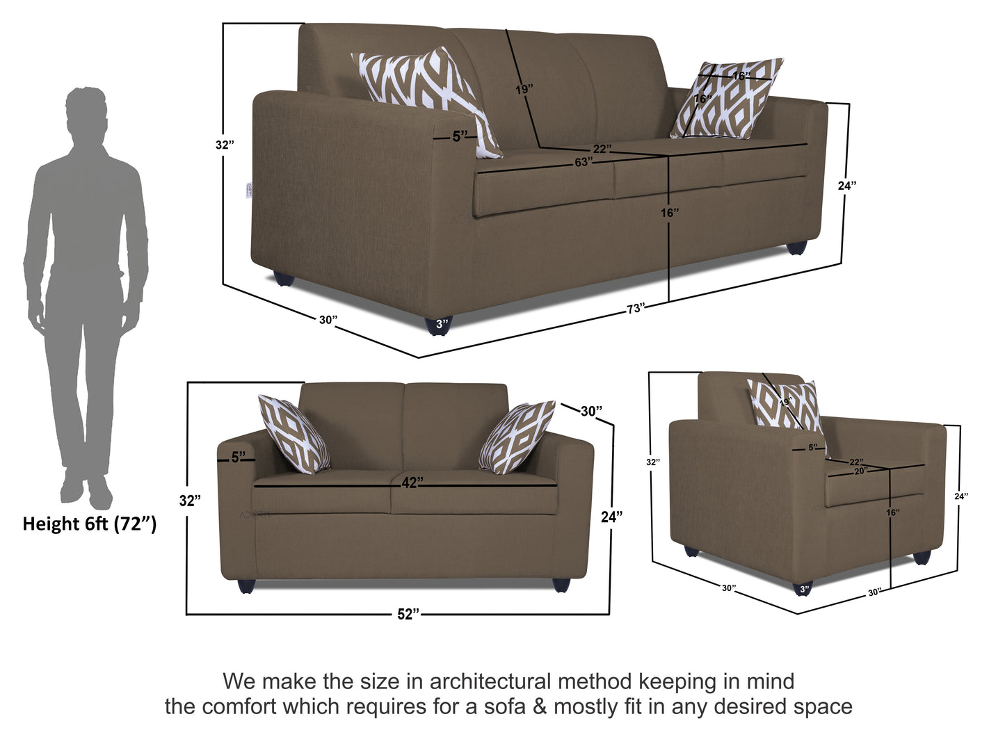 Adorn India Monteno Six Seater 3+2+1 Sofa Set (Brown) (3 Year Warranty)
