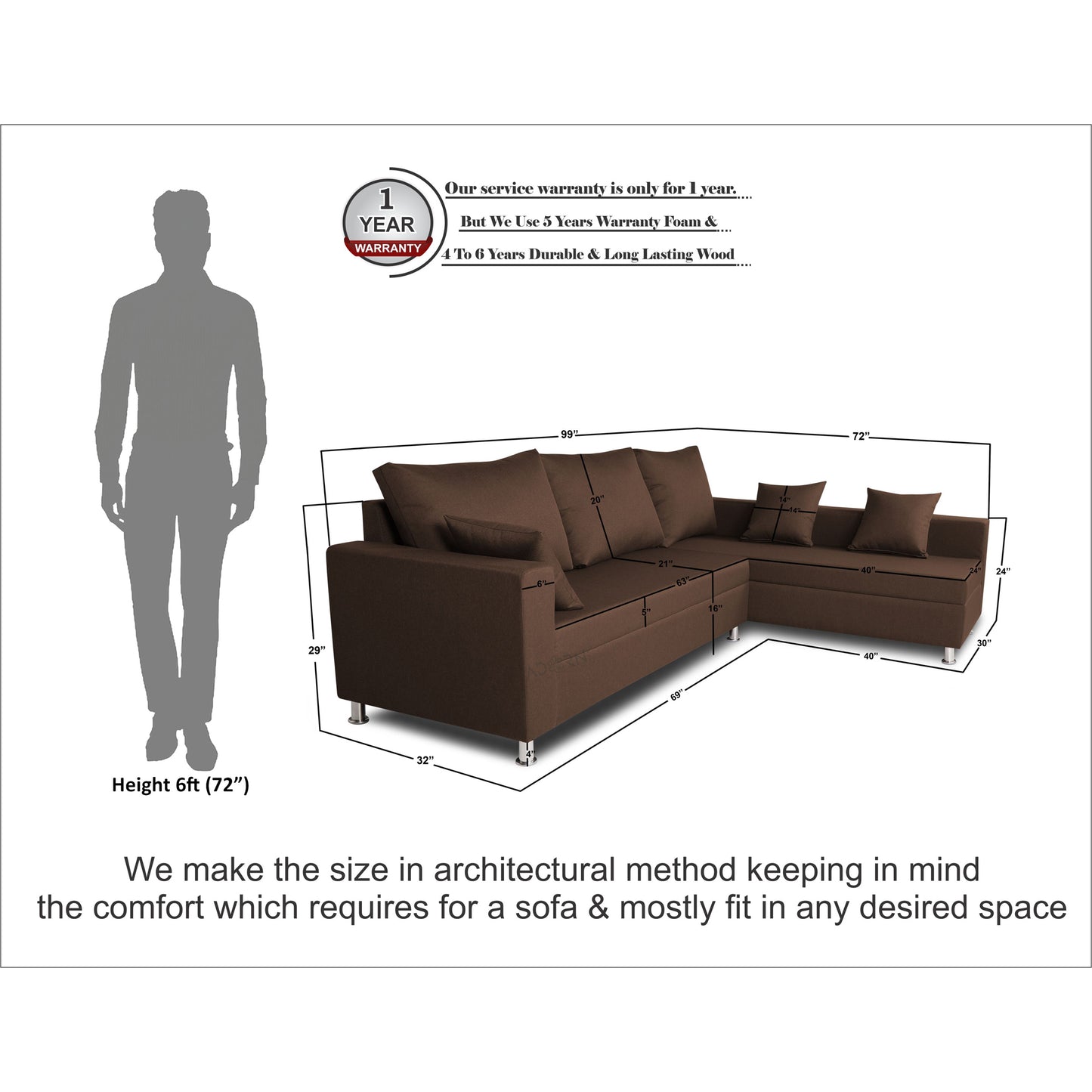 Adorn India Straight line L Sal Shape Sectional Sofa (Brown)