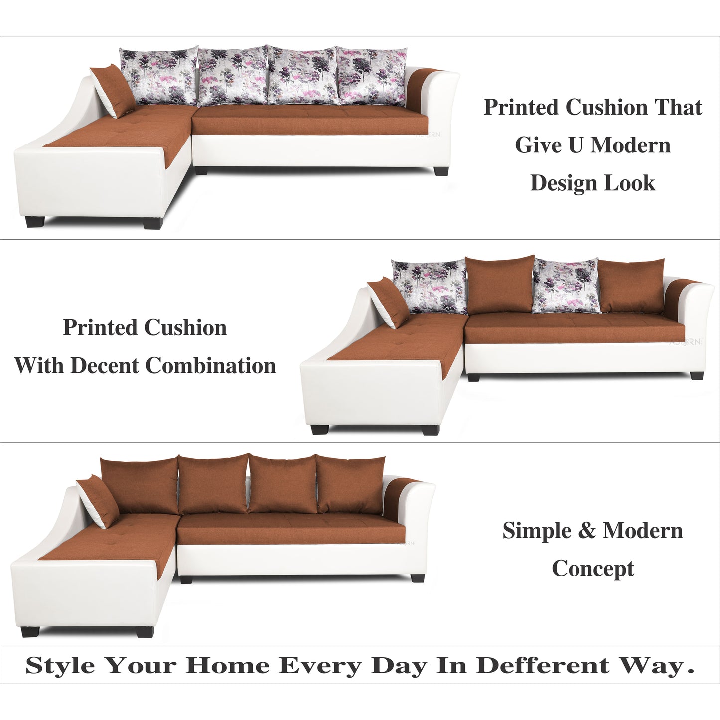 Adorn India Aliana L Shape Leatherette Fabric 6 Seater Sofa Set LHS (Rust & White) (3 Year Warranty)