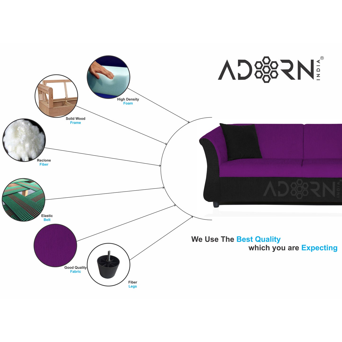 Adorn India Acura 3 Seater Sofa(Dark Purple & Black)
