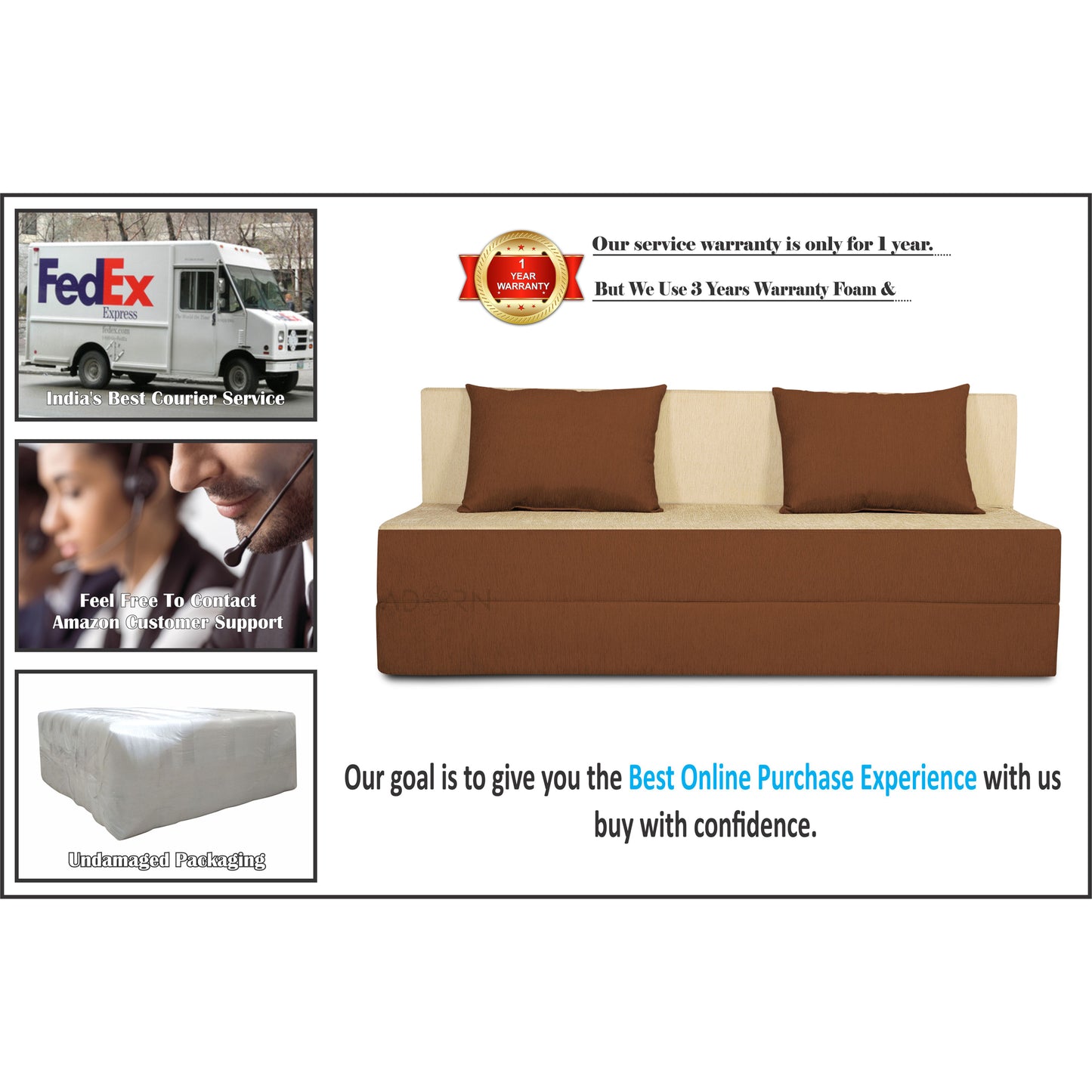 Adorn India Easy 3 Seater Sofa Cum Bed (Brown and Beige) (5x6) (1 Year Warranty)