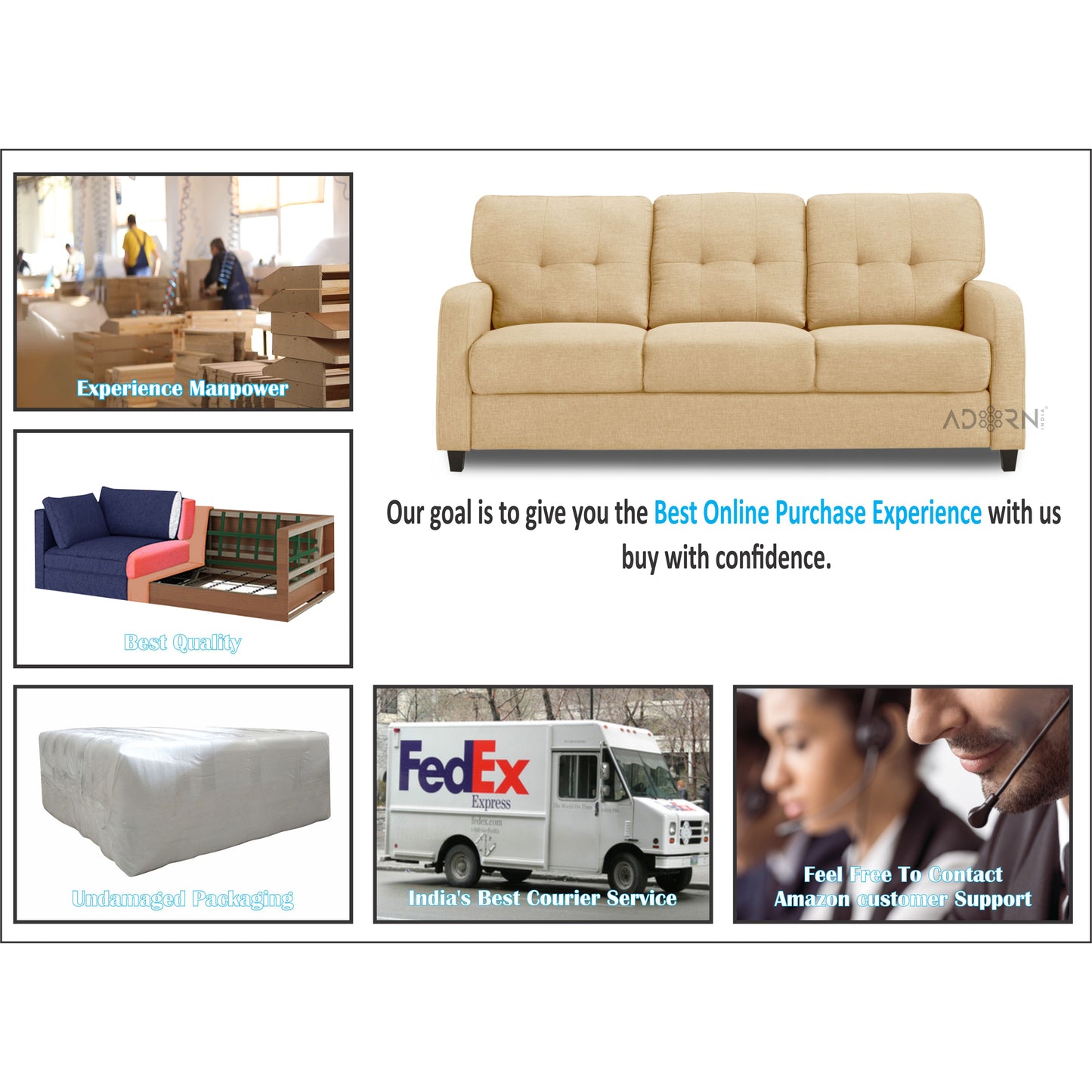 Adorn India Astor 3+2 5 Seater Sofa Set (Beige) (3 Year Warranty)
