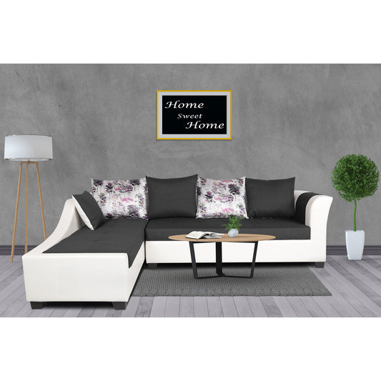 Adorn India Aliana L Shape Leatherette Fabric 6 Seater Sofa Set LHS (Dark Grey & White) (3 Year Warranty)
