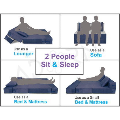 Adorn India Easy 2 Seater Sofa Cum Bed -Perfect for Seat & Sleep Washeble Polyster Fabric Cover (Blue & Grey) 4'x6'.Pillows Free (3 Year Warranty)