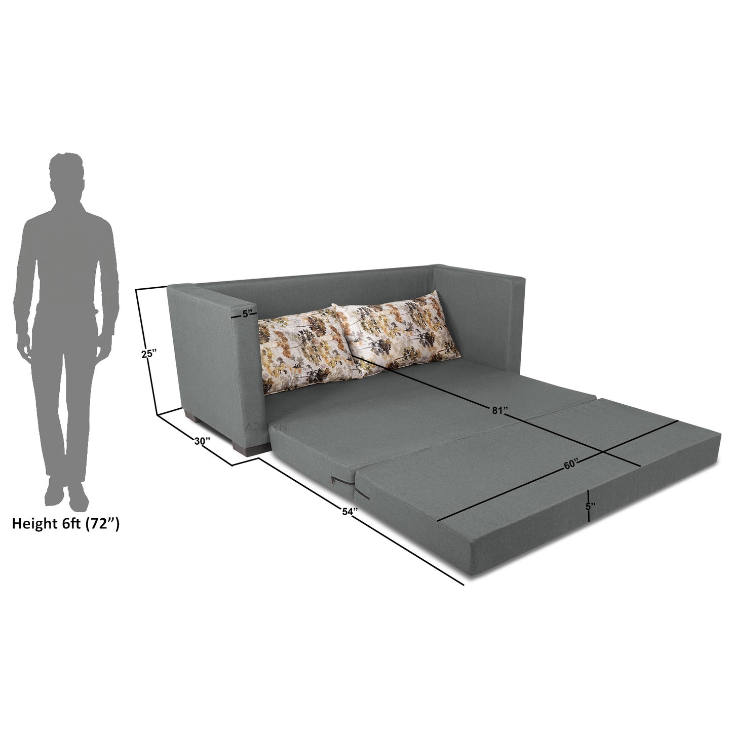 Adorn India Straight line 3 Seater Sofa Cum Bed (Light Grey), Wood, Foam