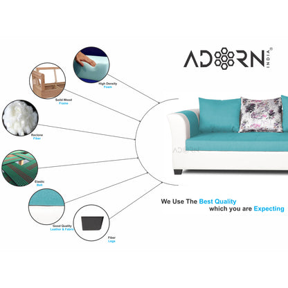 Adorn India Aliana L Shape Leatherette Fabric 6 Seater Sofa Set RHS (Aqua Blue & White) (3 Year Warranty)