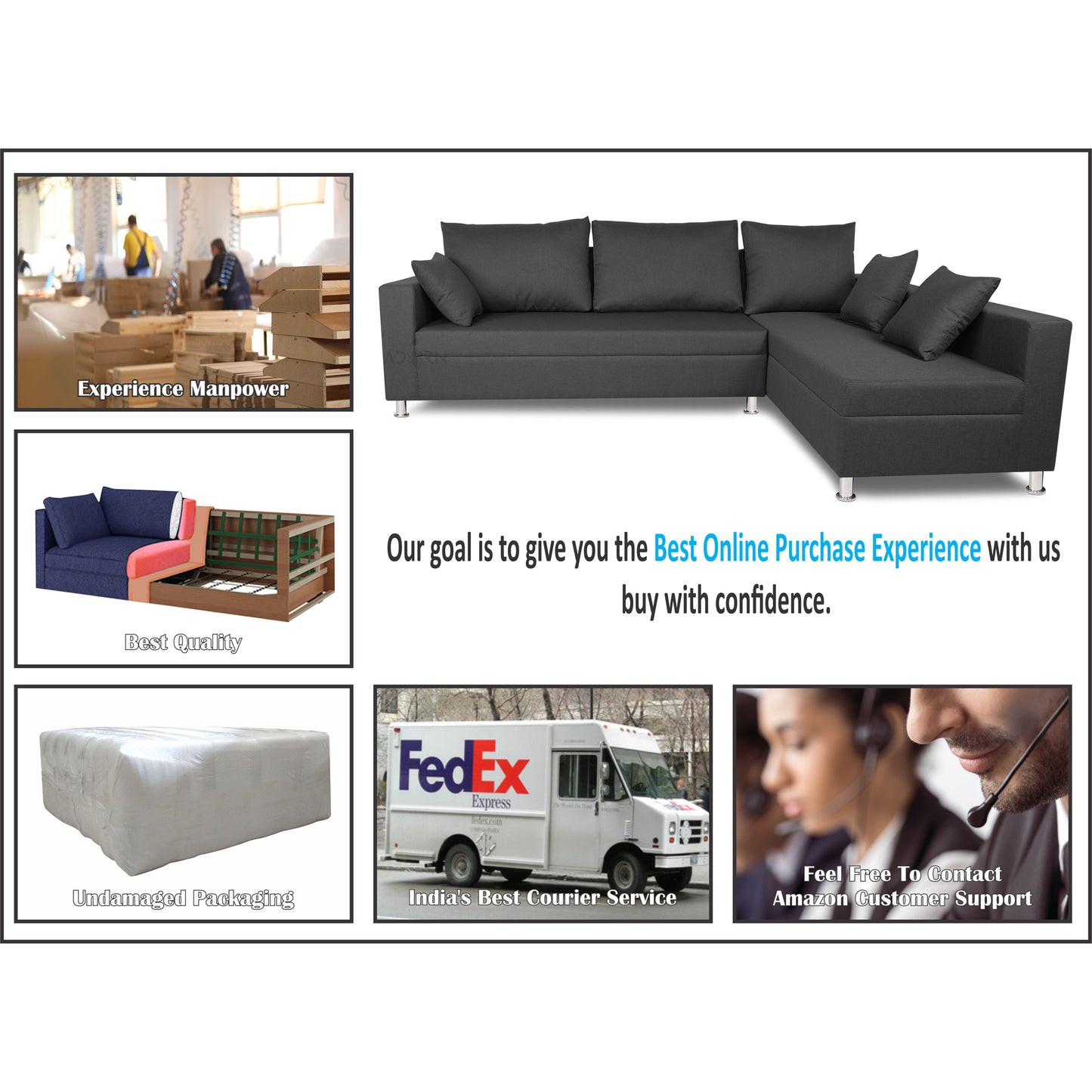 Adorn India Sal Straight line L Shape Sofa (Dark Grey)