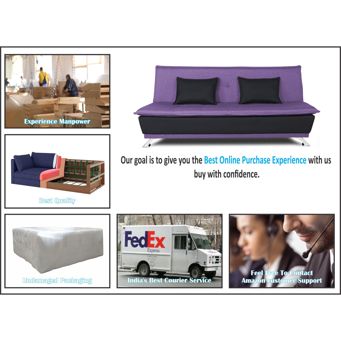 Adorn India Exclusive Two Tone Arden 4 Seater Sofa Cum Bed 4 x 6 (Dark Purple & Black) (3 Year Warranty)