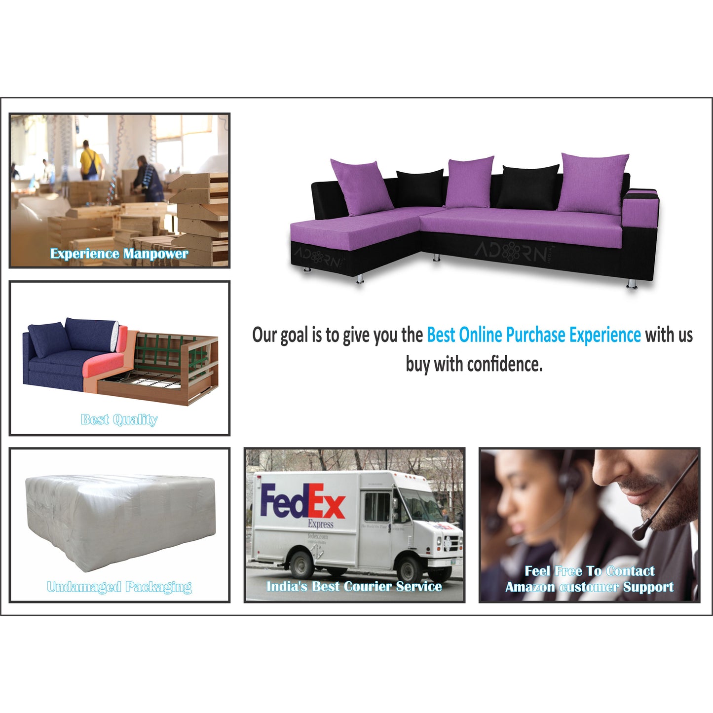 Adorn India Adillac 6 Seater Corner Sofa(Left Side Handle)(Light Purple & Black)