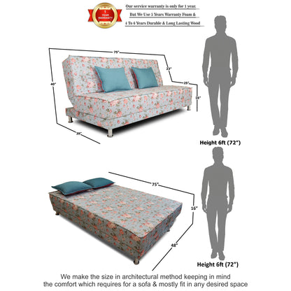 Adorn India Roselyn 3 Seater Sofa Cum Bed Digitel Print (Aqua Blue), Wood, Foam