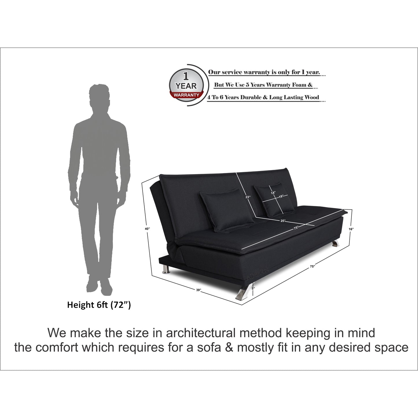 Adorn India Arden 4 Seater Sofa Cum Bed 4 x 6 (Black) (3 Year Warranty)