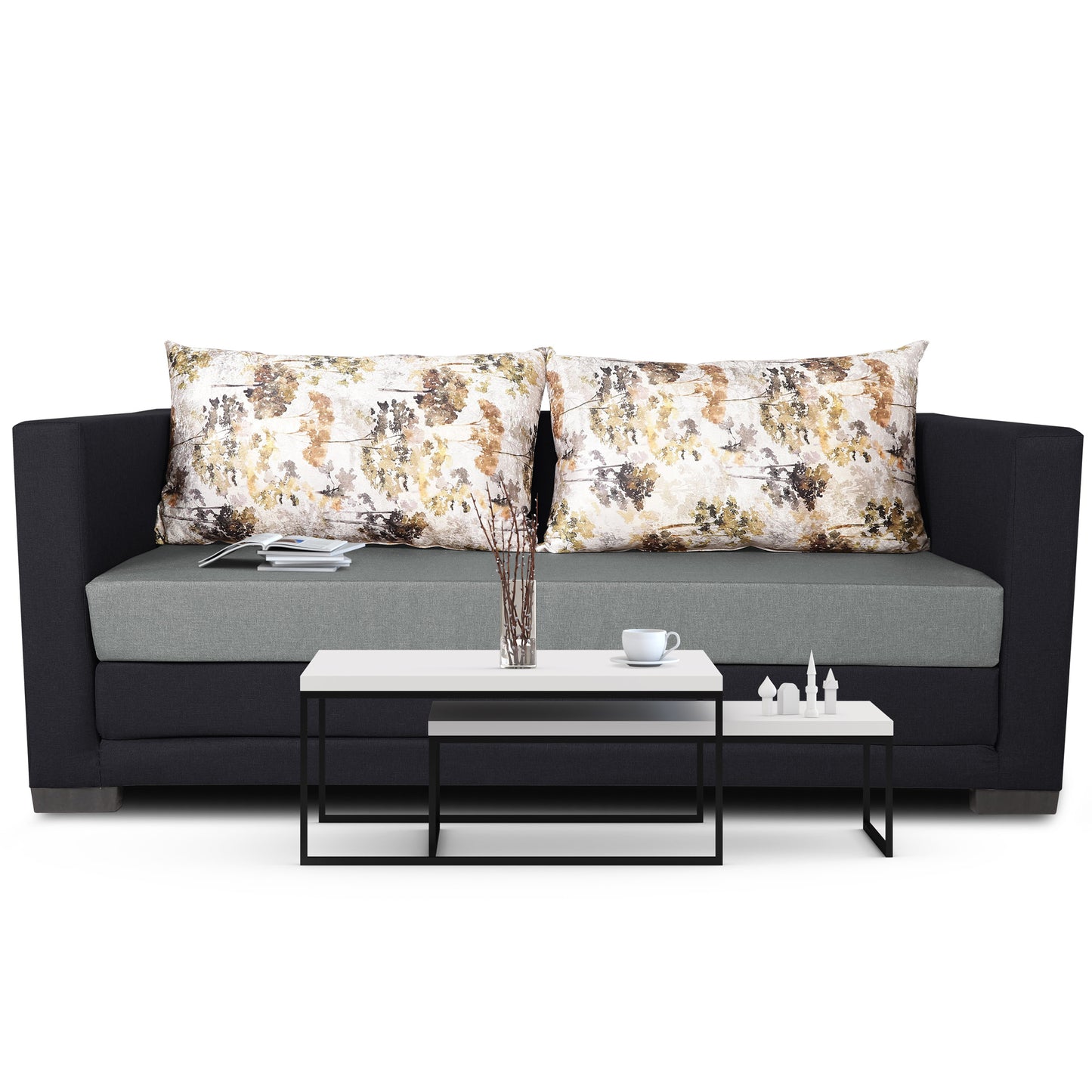 Adorn India Exclusive Two Tone Straight Line Three Seater Sofa Cum Bed (Black & Grey)