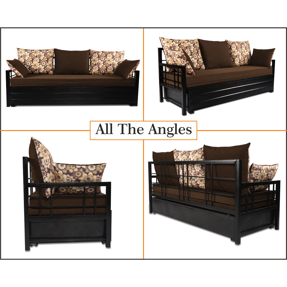 Adorn India Polar Black Metal Three Seater Sofa Cum Bed with Storage (6 x 5) (Brown)