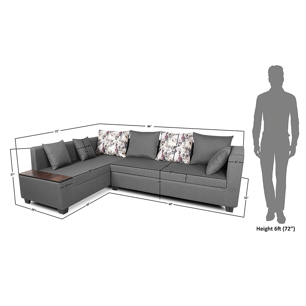 Adorn India Mclain L Shape 6 Seater Sofa (Left Side Handle)(Light Grey)