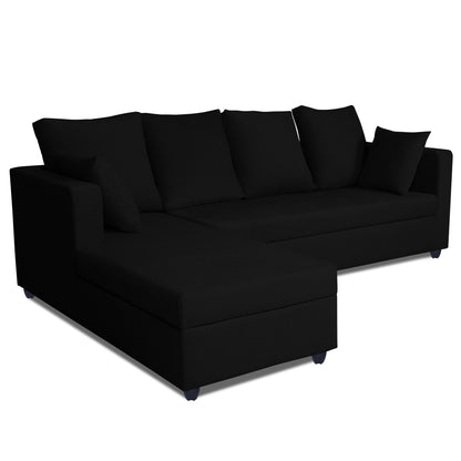 Adorn India Zink Straight line L Shape 5 Seater Sofa Plain Cushion (Left Side Handle)(Black), Wood, Foam