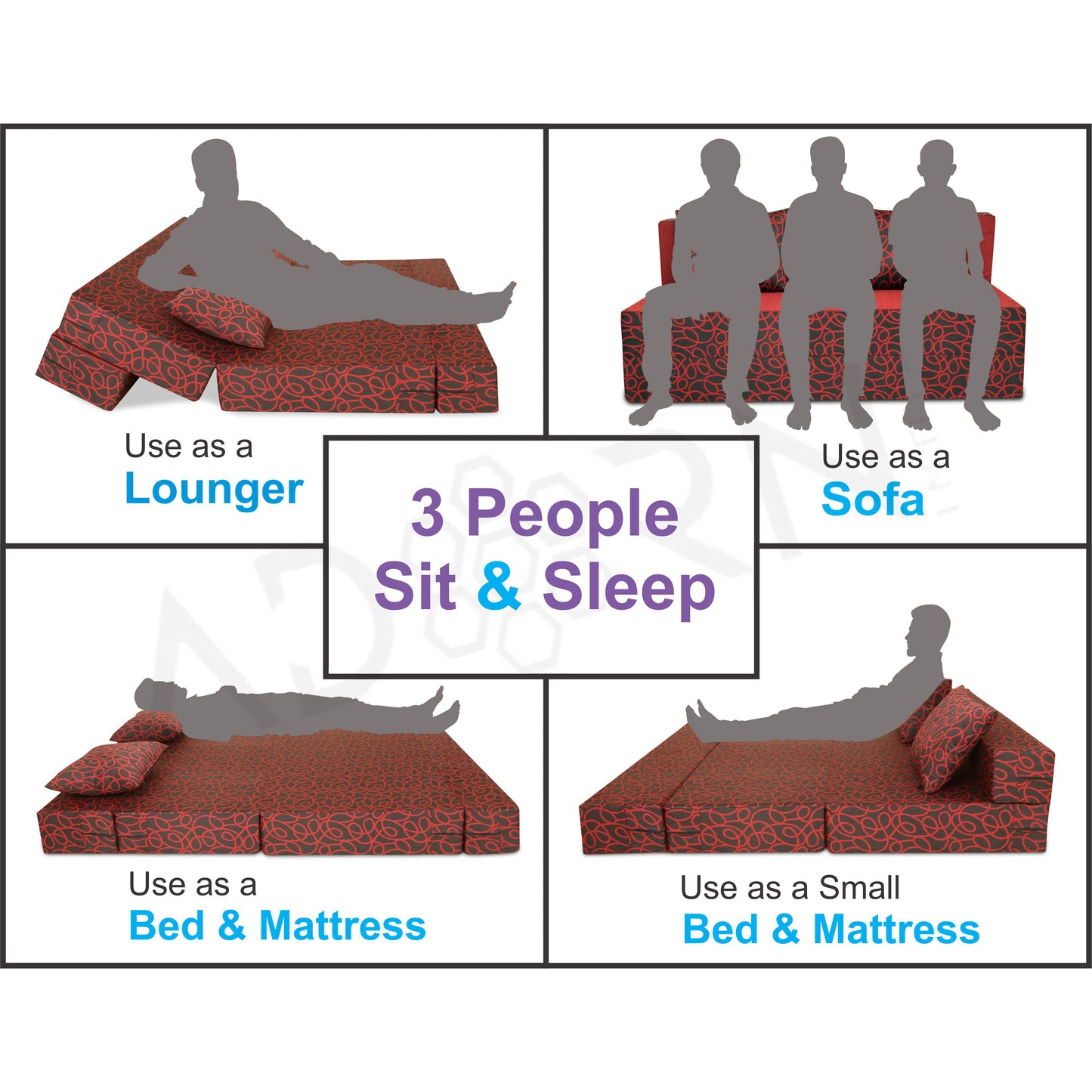 Adorn India Easy 4 Seater Sofa Cum Bed Poly Cotton (Maroon and Black) (6 x 6) (1 Year Warranty)
