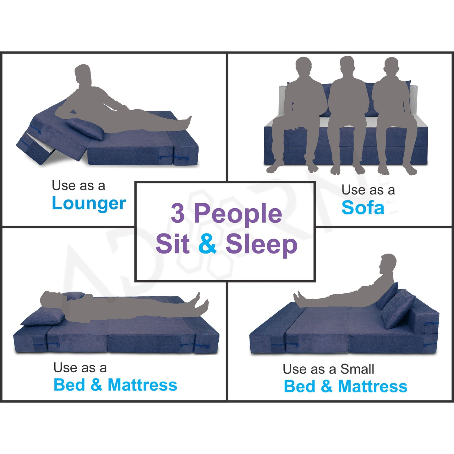 Adorn India Easy 4 Seater Sofa Cum Bed (2 Years Warrenty Quality Foam)-Perfect for Seat & Sleep Washeble Polyster Fabric Cover (Blue & Grey) 6'x6'.Pillows Free (1 Year Warranty)
