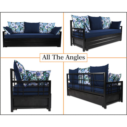 Adorn India Polar Black Metal Three Seater Sofa Cum Bed with Storage (6 x 5) (Blue)