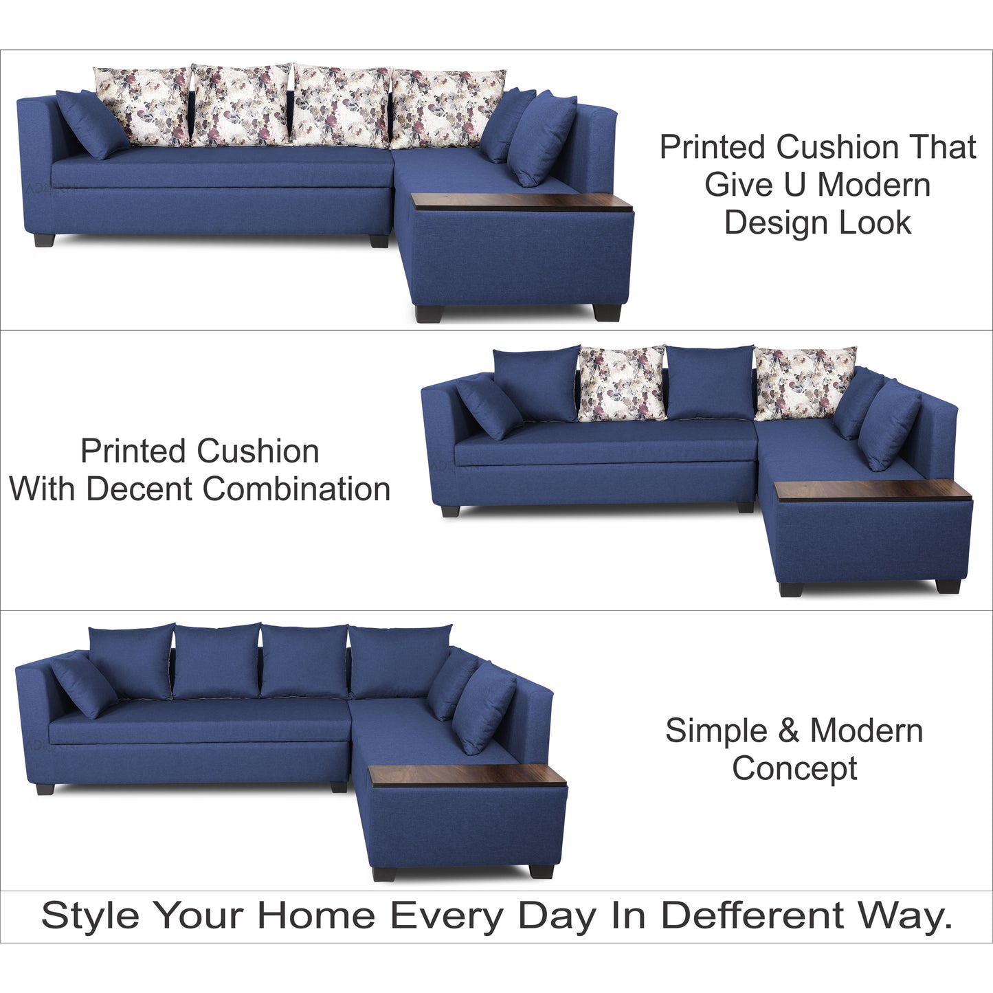 Adorn India Mclain L Shape 6 Seater Sofa (Blue)