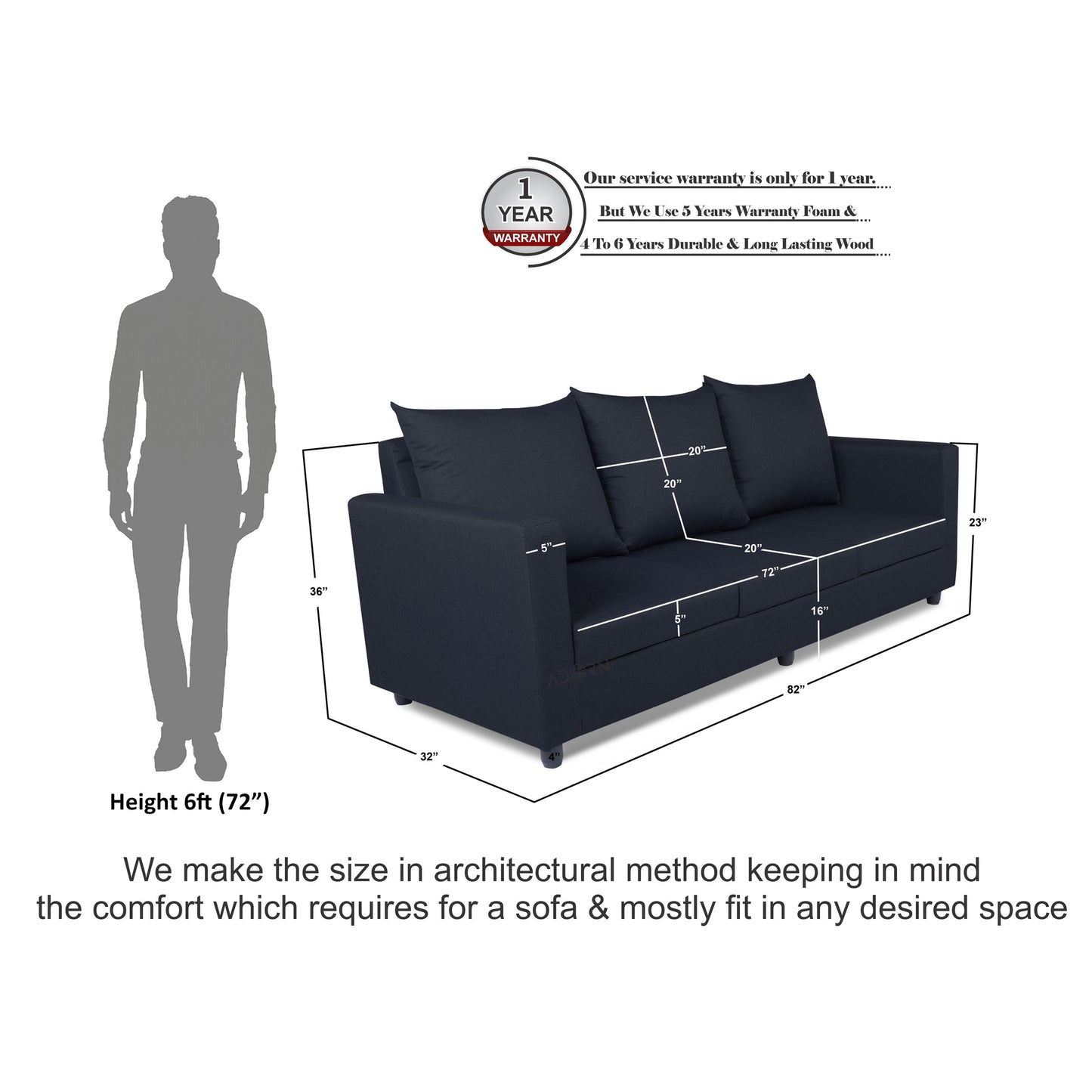Adorn India Straight Line Three Seater Sofa(Black)