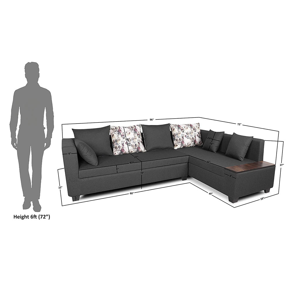 Adorn India Mclain L Shape 6 Seater Sofa (Dark Grey)