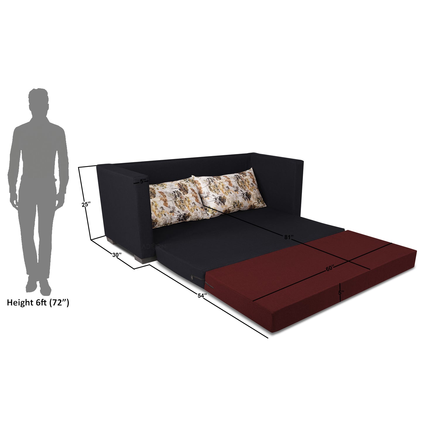 Adorn India Exclusive Two Tone Straight Line Three Seater Sofa Cum Bed (Maroon & Black), Wood, Foam