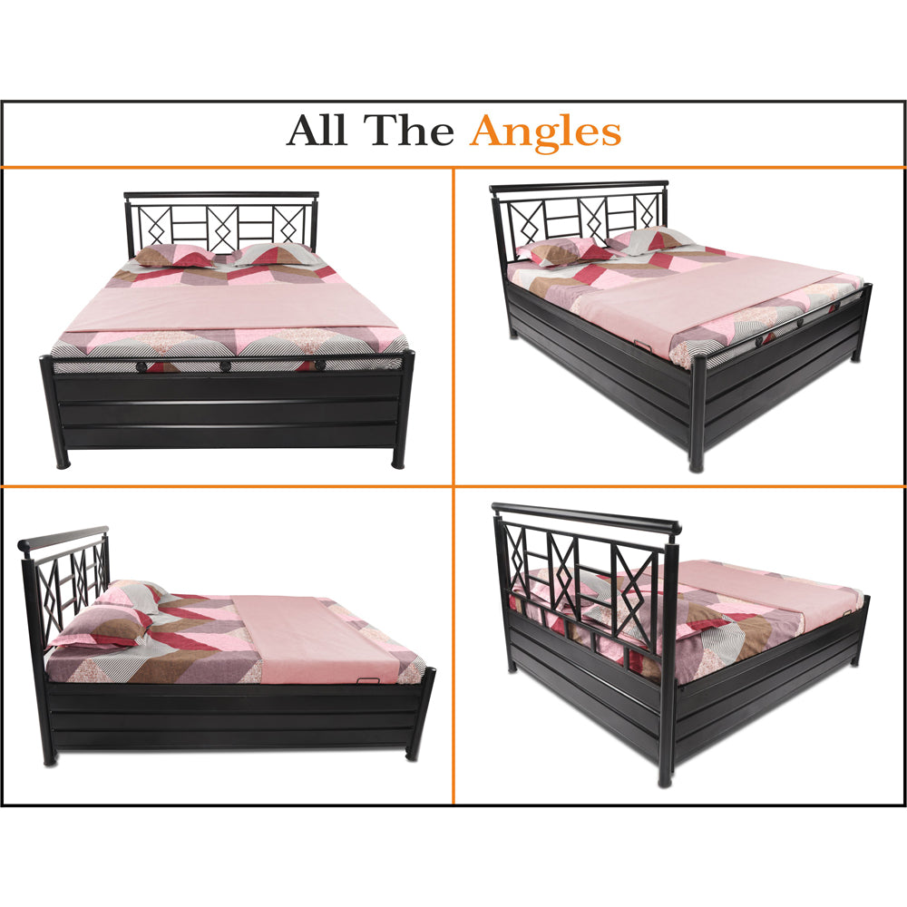 Adorn India Metal Box Spring Queen Bed with Storage-(Matte_Black)