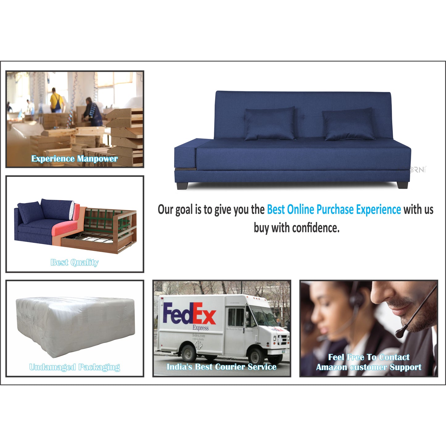 Adorn India Blake 3 Seater Sofa Cum Bed (Blue)