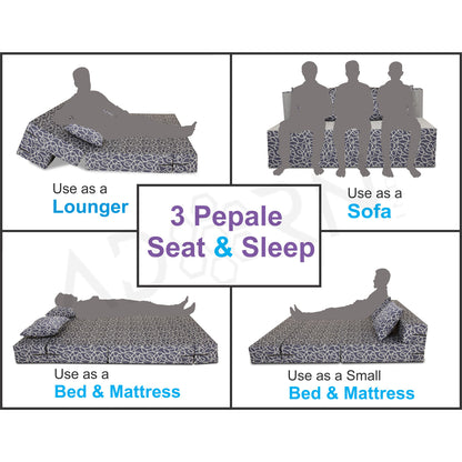 Adorn India Easy Three Seater Sofa Cum Bed Poly Cotton (Blue & Grey) (6' x 6')