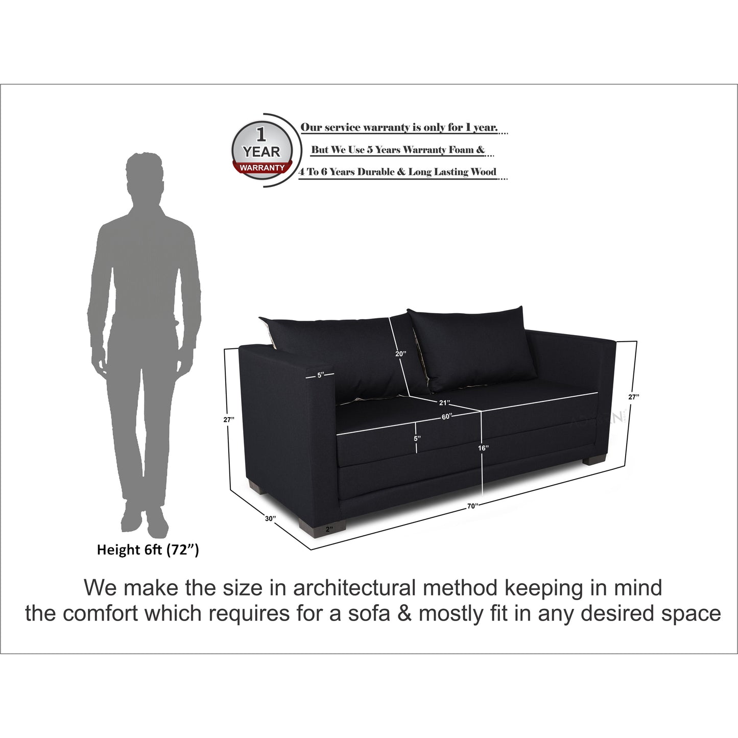 Adorn India Straight line 3 Seater Sofa Cum Bed (Black), Wood, Foam