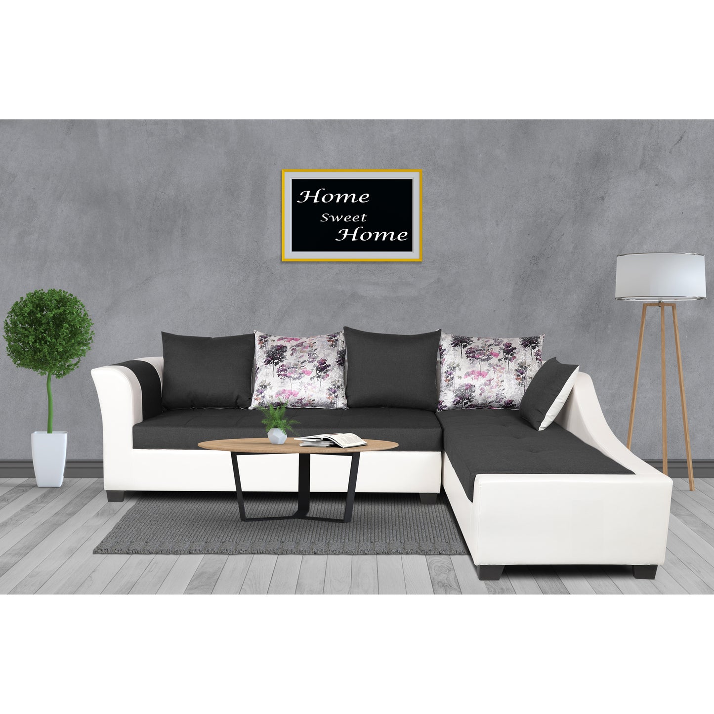 Adorn India Aliana L Shape Leatherette Fabric 6 Seater Sofa Set RHS (Dark Grey & White) (3 Year Warranty)