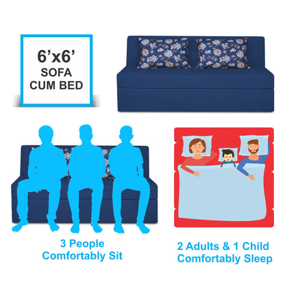 Adorn India Easy Highback Three Seater Sofa Cum Bed Floral 6' x 6' (Blue) (1 Year Warranty)