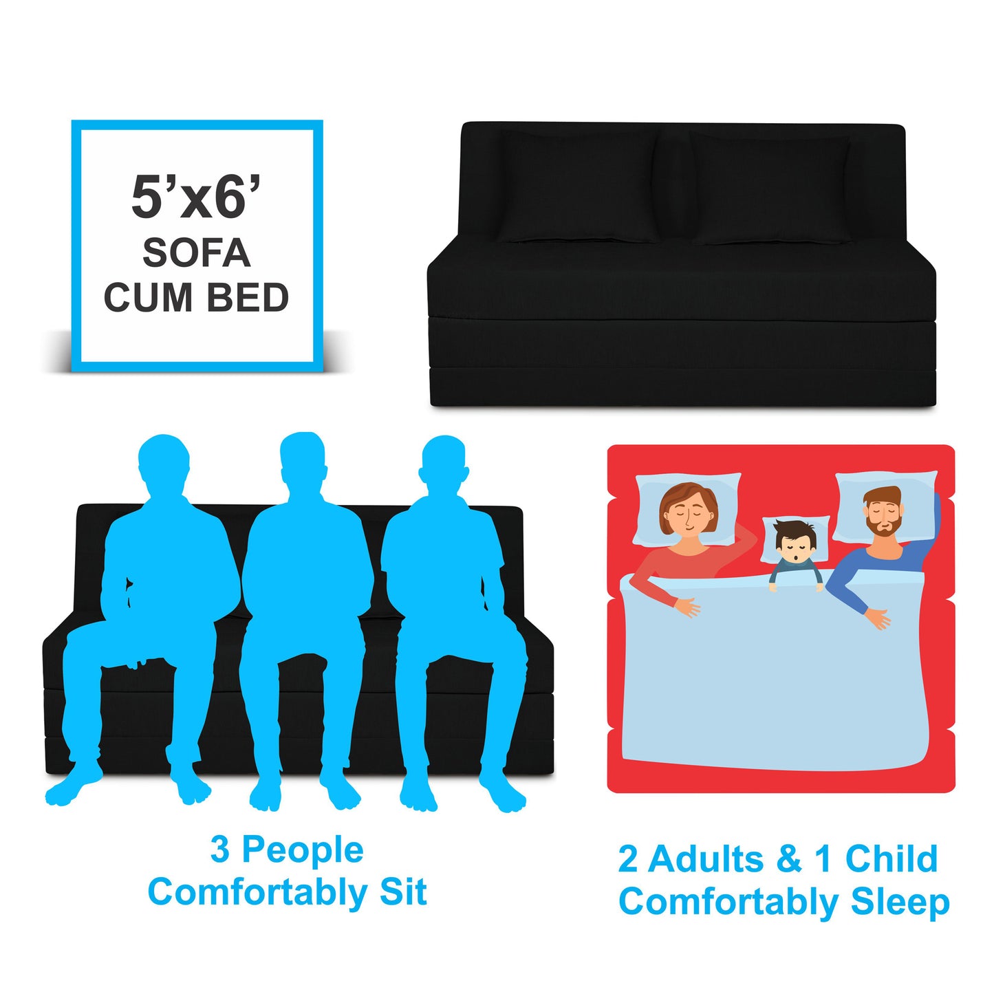 Adorn India Easy Highback Three Seater Sofa Cum Bed Decent 5' x 6' (Black) (1 Year Warranty)