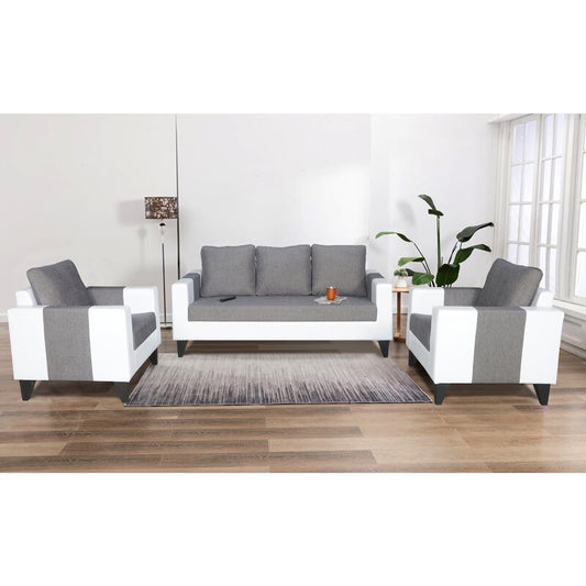Adorn India Ashley Plain Leatherette Fabric 3-1-1 Five Seater Sofa Set (Grey & White) (3 Year Warranty)