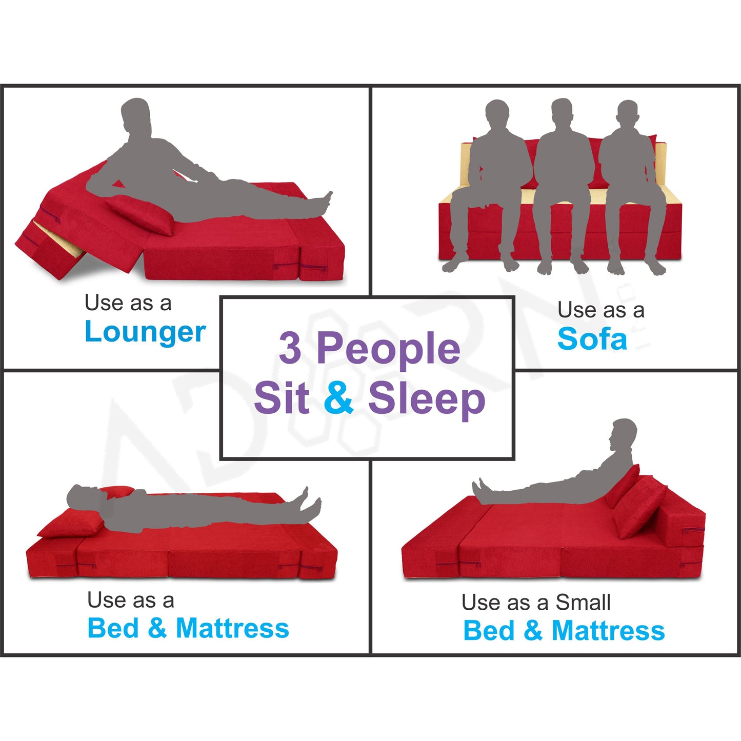 Adorn India Easy 4 Seater Sofa Cum Bed (2 Years Warrenty Quality Foam)-Perfect for Seat & Sleep Washeble Polyster Fabric Cover (Red & Beige) 6'x6'.Pillows Free (1 Year Warranty)