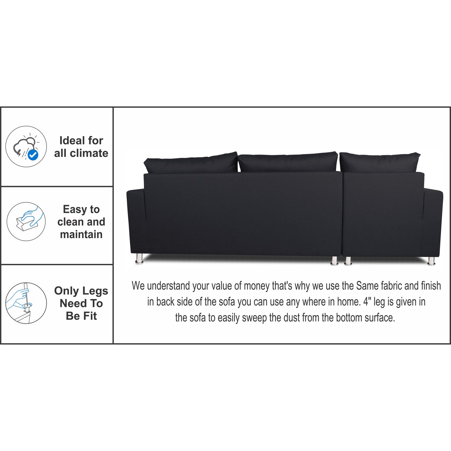 Adorn India Straight Line L Shape 5 Seater Sofa Set (Left Side Handle) (Black)
