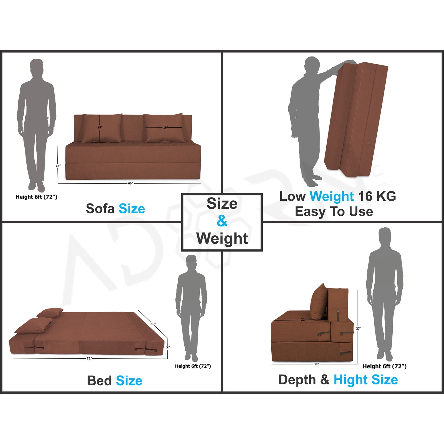 Adorn India Easy Three Seater Sofa Cum Bed Alyn 5'x 6' (Brown) (1 Year Warranty)