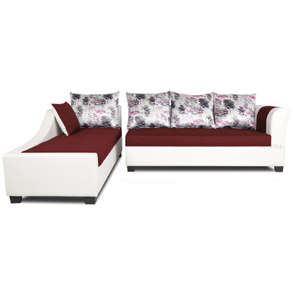 Adorn India Aliana L Shape Leatherette Fabric 6 Seater Sofa Set LHS (Maroon & White) (3 Year Warranty)